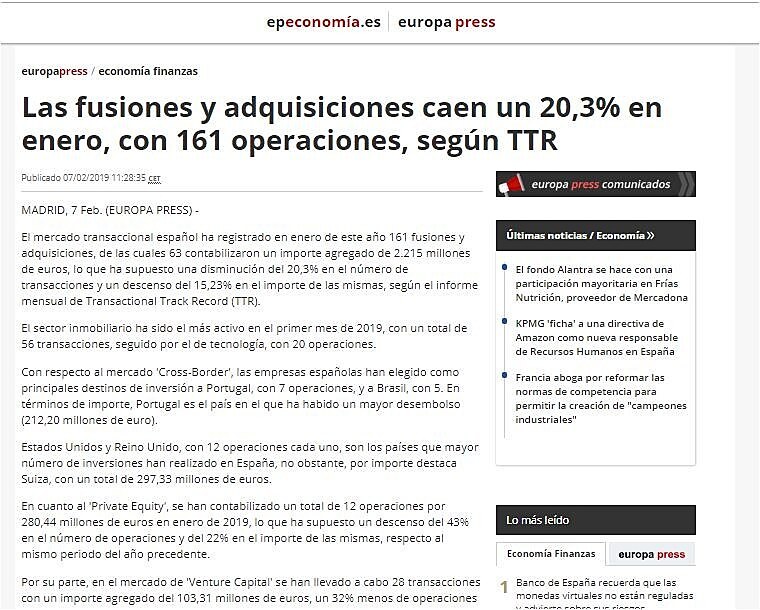 Las fusiones y adquisiciones caen un 20,3% en enero, con 161 operaciones, segn TTR